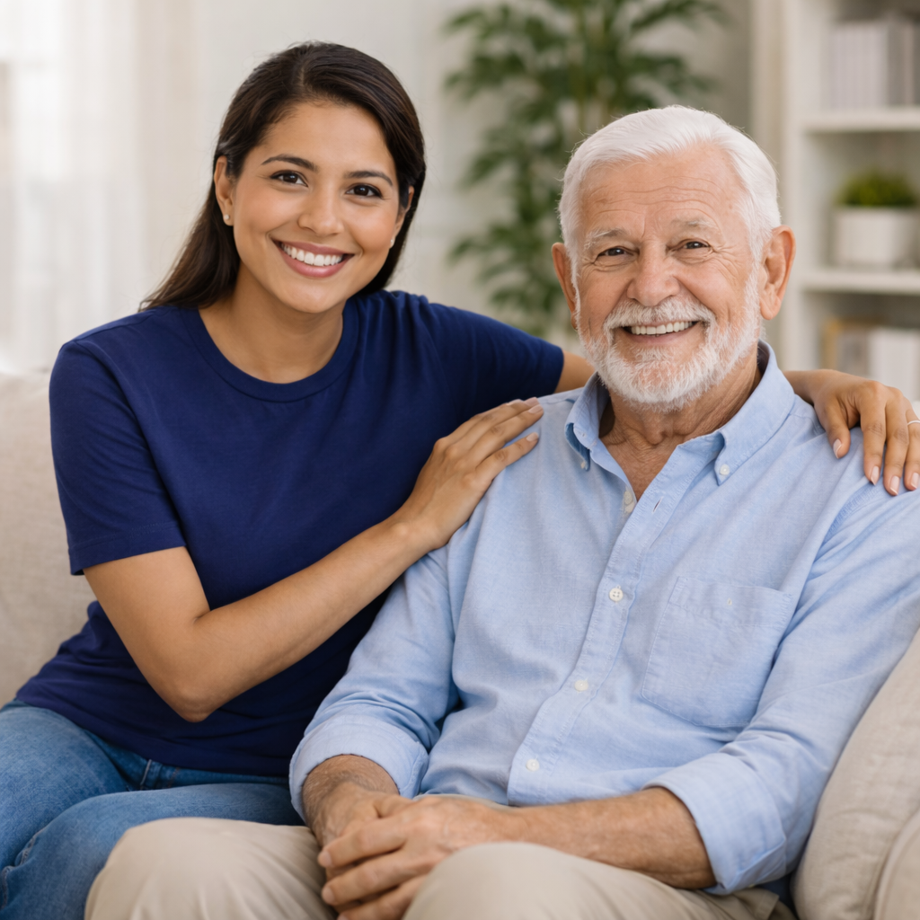 Woman caregiver and elderly man on couch | senior home care Gladwyne PA | Neighborly Home Care