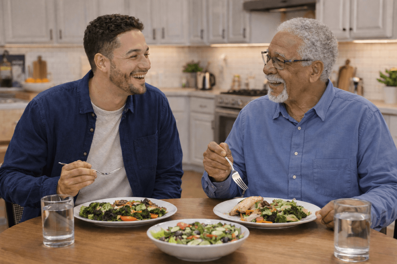 Senior and adult man eating at table | elderly care Philadelphia PA | Neighborly Home Care
