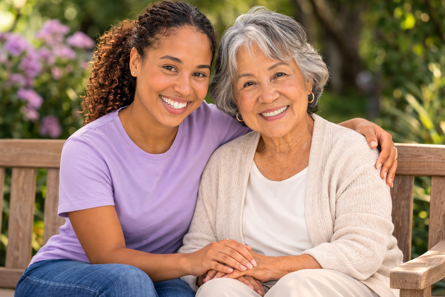 Caregiver and senior woman on park bench | senior home care Bryn Mawr PA | Neighborly Home Care