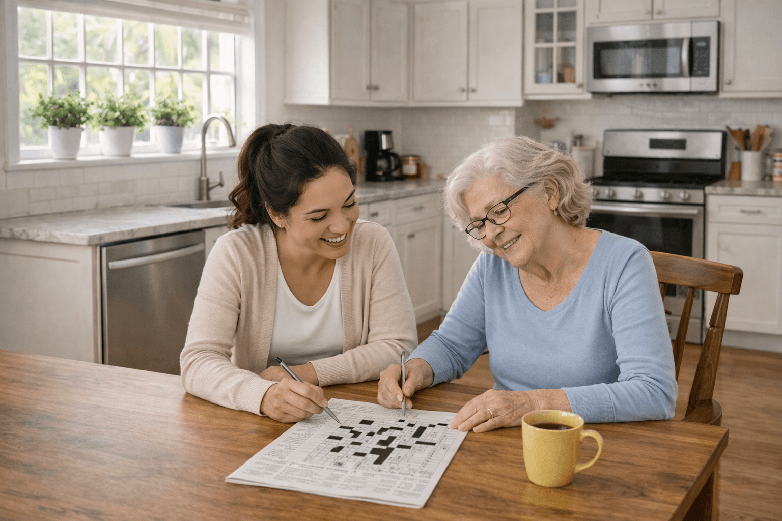 Adult woman and elderly woman at table solving crossword | Challenges seniors face living at home alone | Neighborly Home Care PA