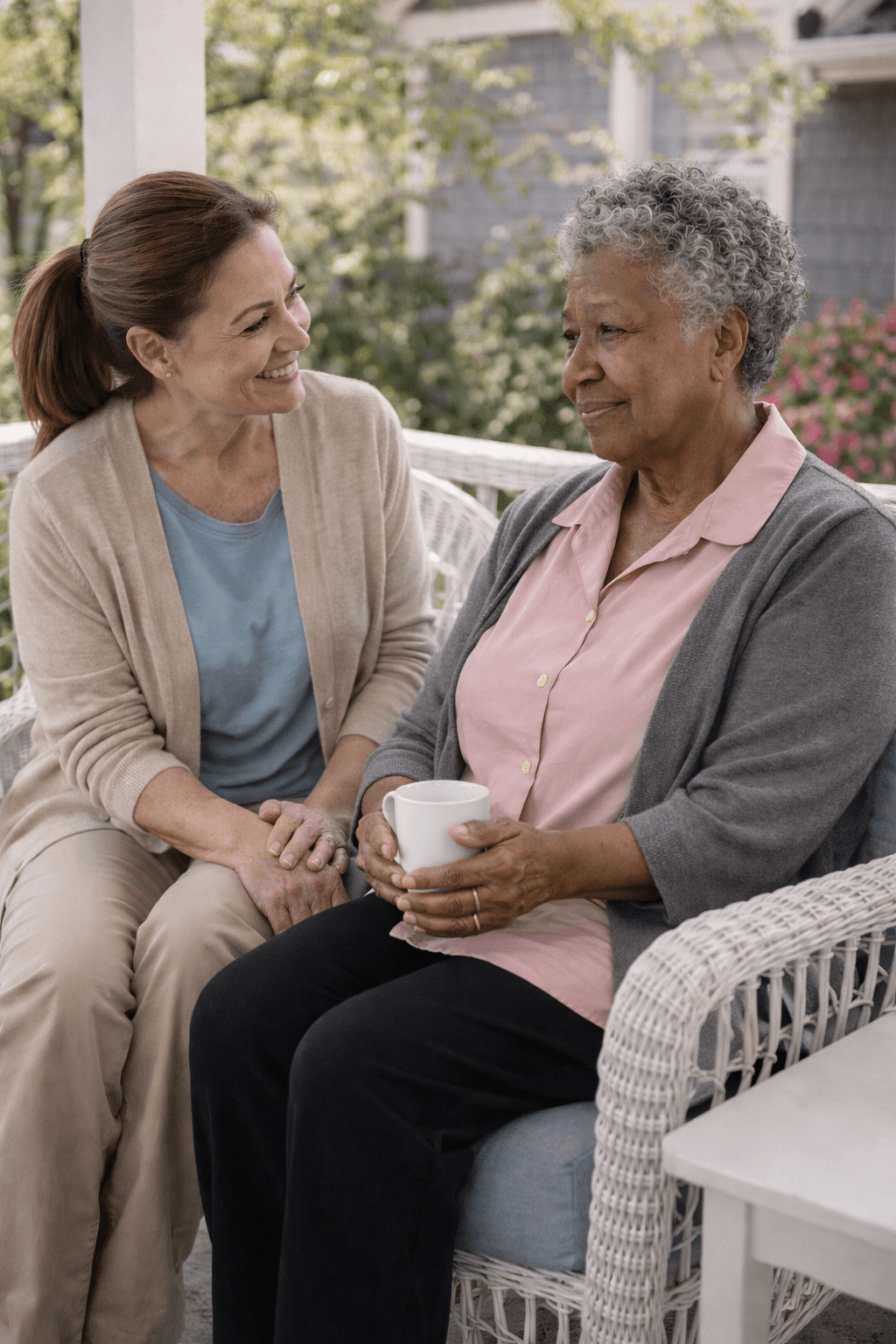 Caregiver sitting with elderly woman on bench | post hospital care Philadelphia PA | Neighborly Home Care