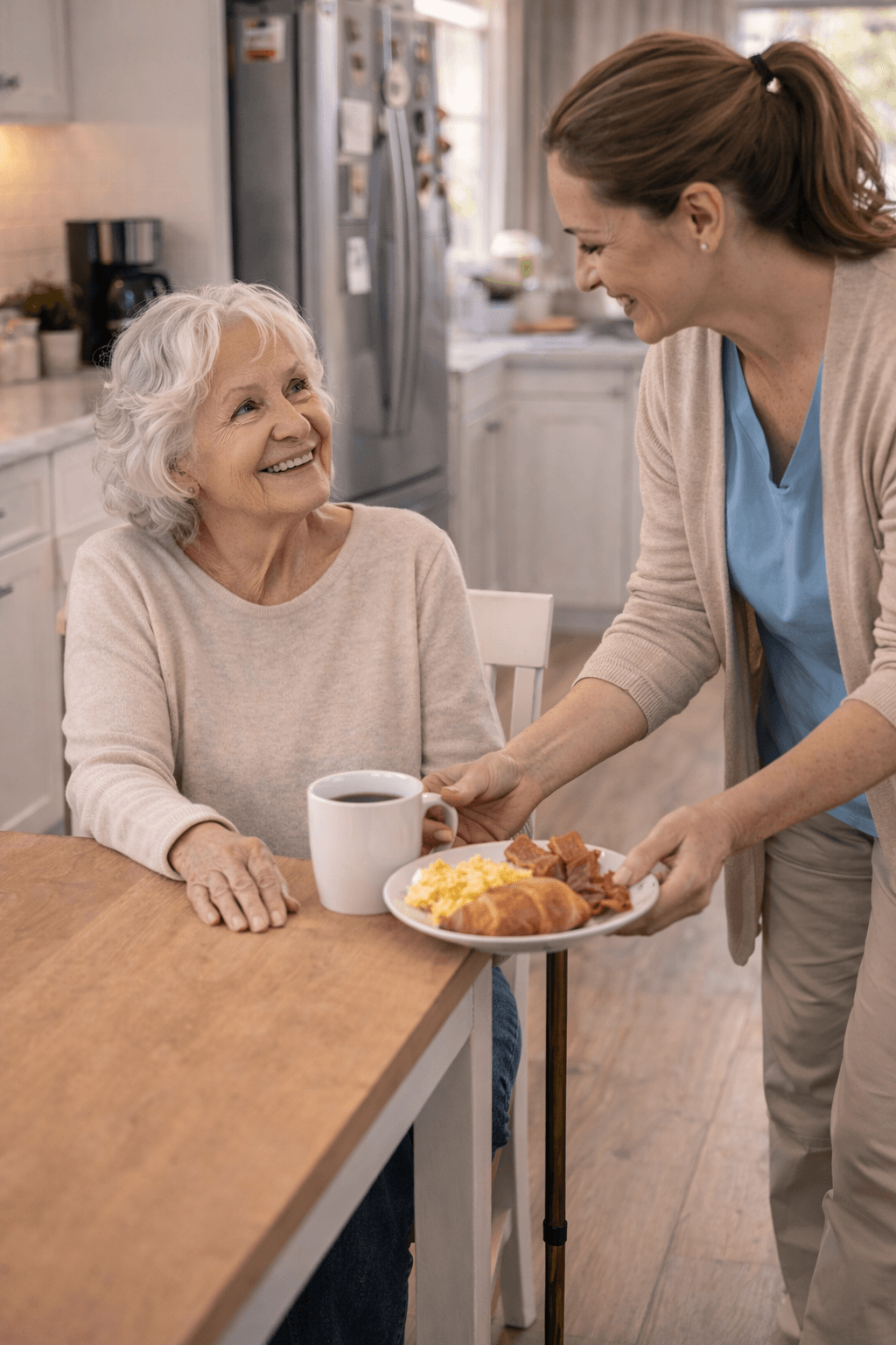 Caregiver giving breakfast to senior woman at home | disability care Philadelphia PA | Neighborly Home Care