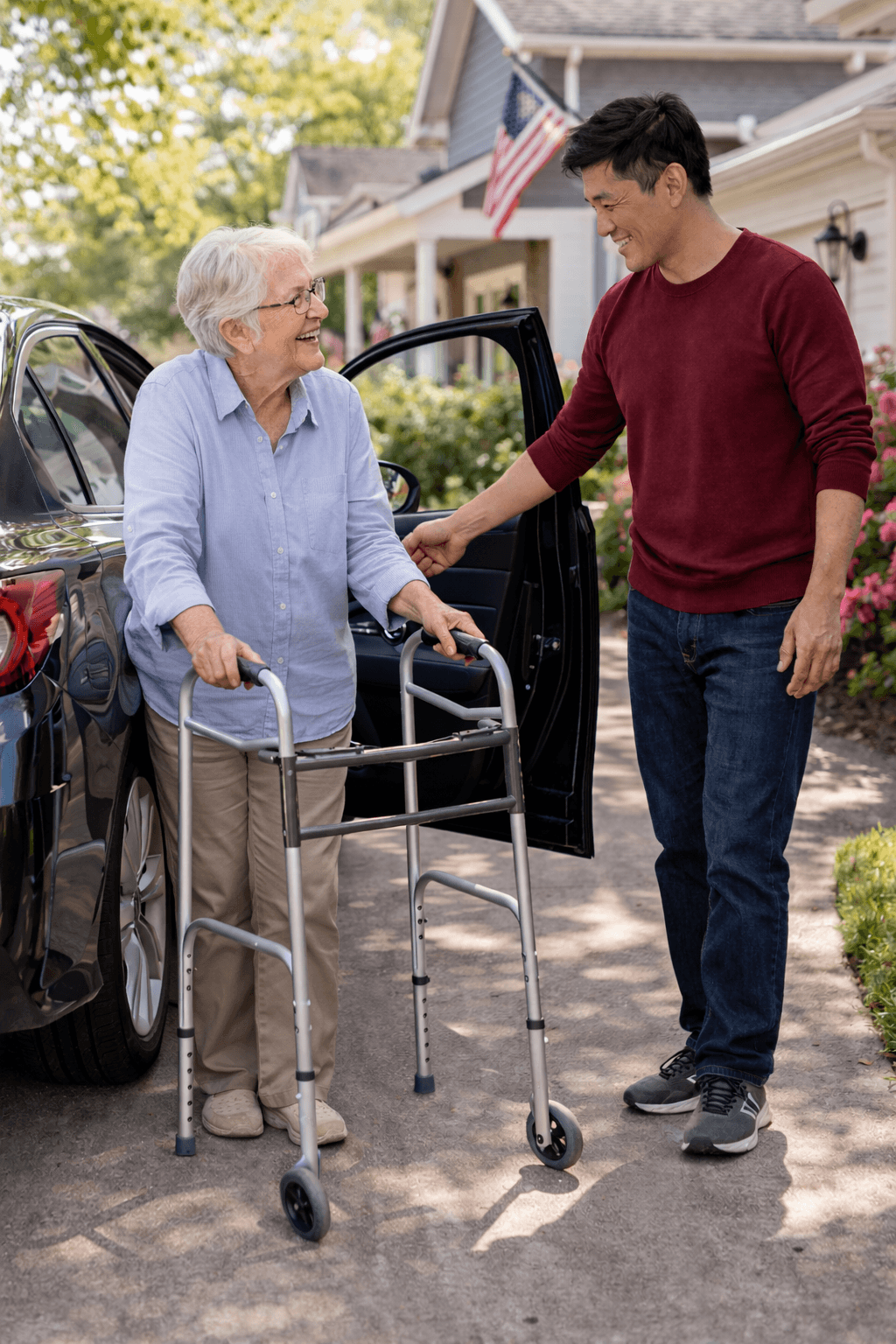 Caregiver helping senior woman out of car | senior transportation services Philadelphia | Neighborly Home Care