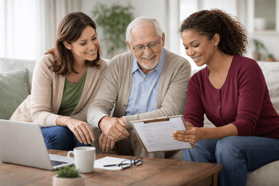 People sitting around table with laptop | home care FAQs Philadelphia | Neighborly Home Care