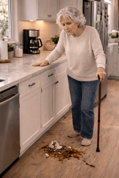 Senior woman using cane at kitchen counter with dropped glass on floor | disability care Philadelphia PA | Neighborly Home Care