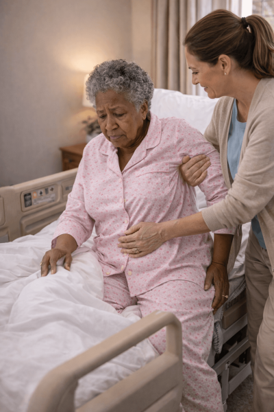 Caregiver helping elderly woman out of hospital bed | post hospital care Philadelphia PA | Neighborly Home Care